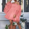 Women Dress Off Shoulder High Waist Mesh Layered Shirring A-line Long Sleeves Solid Color Princess Style Mini Dress Prom Beach Party Short Dress
