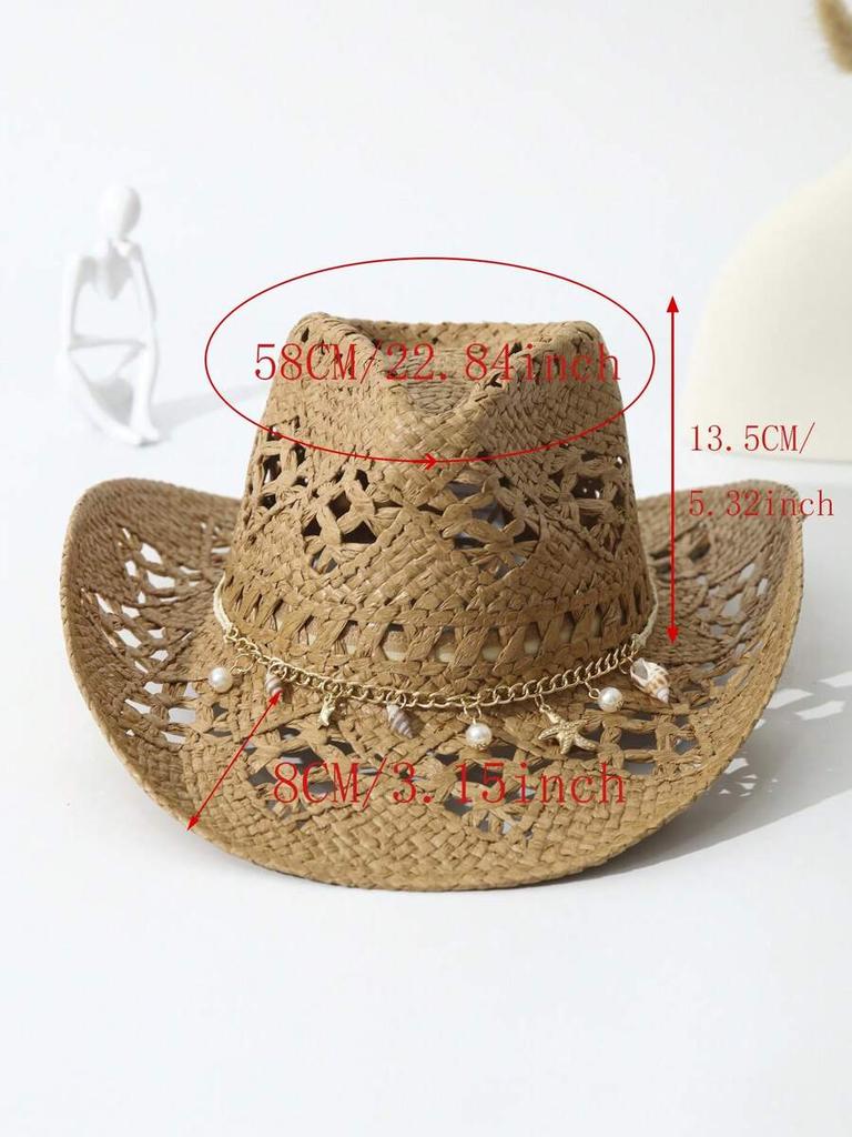 Unisex Straw Cowboy Hat With Conch Shell Decor Hollow Out Wide Brim Sun Hat For Beach Travel Summer