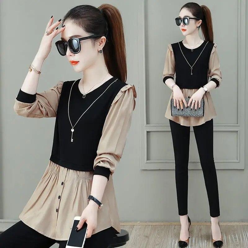 Dámská halenka falešná ze dvou kusů Jaro Podzim Nová móda Dlouhý rukáv Kulatý výstřih Spodní košile Temperamentní top