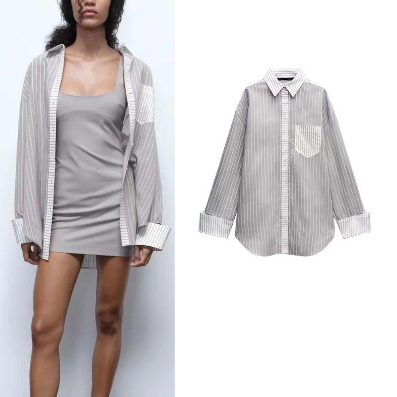 Spring New Women Clothes French Style Niche Versitile Fashion Loose Lapel Stripe Patchwork Shirts 3067019