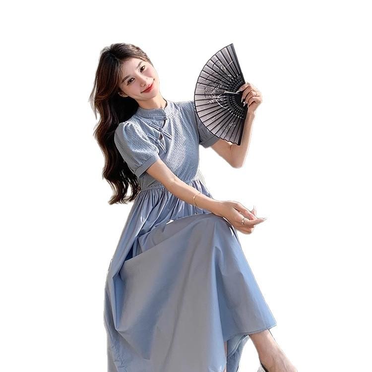 Blue New Chinese Dress Summer Women's 2026 New Cheongsam Improved Light Ripe Foreign Look Thin Long A-shaped Skirt