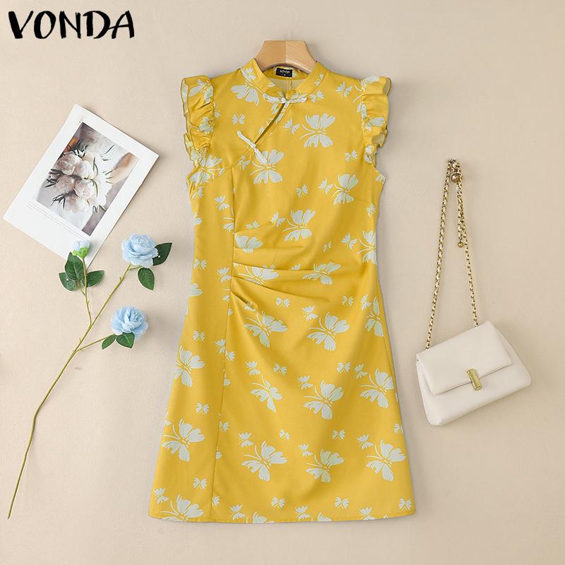 

VONDA Vintage Women Stand Neck Sleeveless Floral Print Retro Style Casual Tank Dress 5XL жёлтый