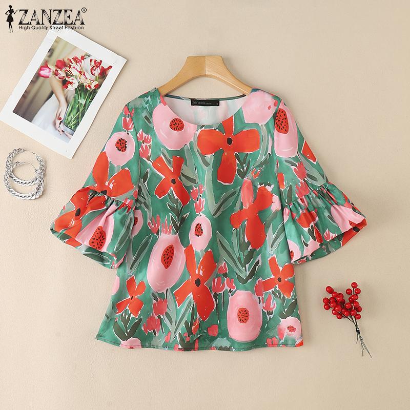 ZANZEA Women Summer V-Neck Casual Floral Print Short Sleeve Blouse