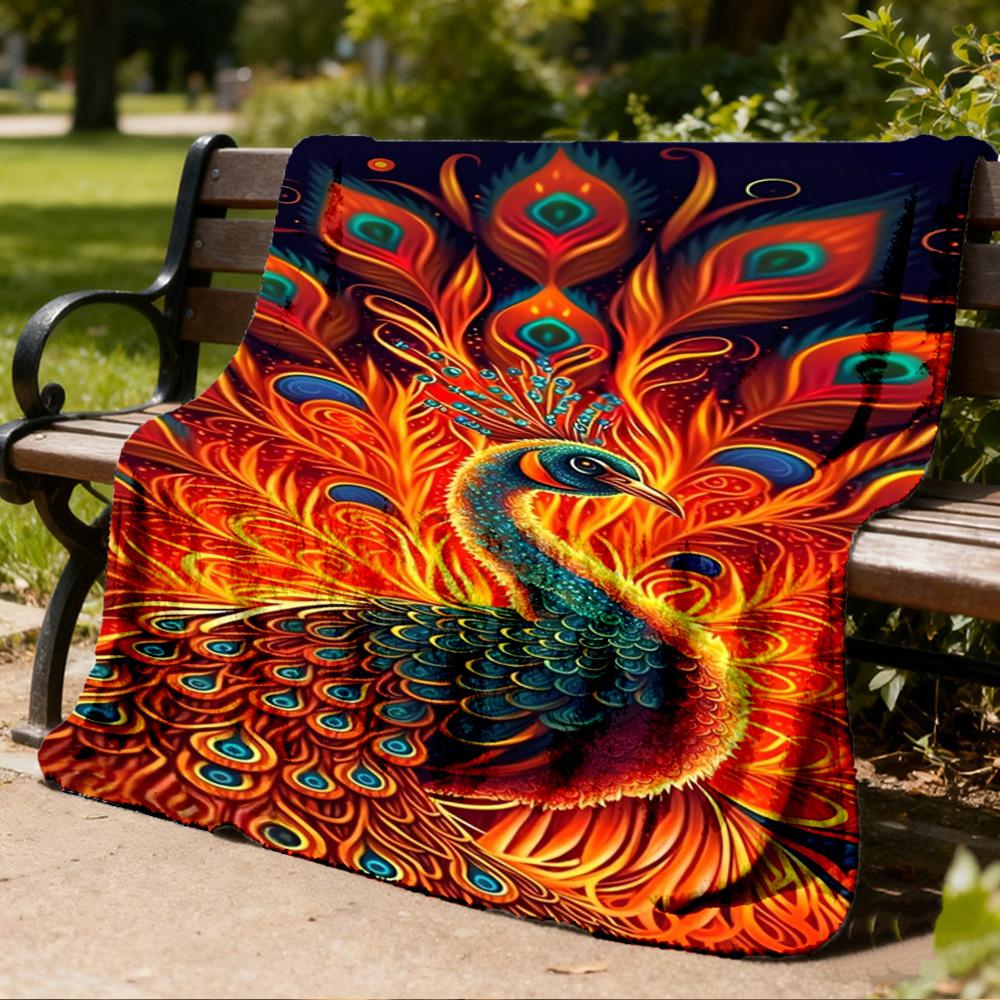1pc Peacock Feather Print Print Outdoor Blanket, Lightweight Polyester,