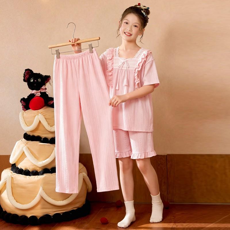 Girls Short Sleeve Pajama Set Soft Combed Cotton Sleepwear Cartoon Print Lightweight Home Outfit 8 Years