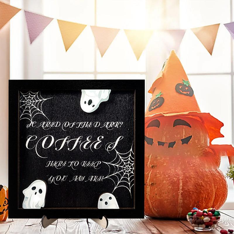 Halloween Wooden Ghost Photo Frame - Spooky Kid's Tabletop Decor with Themed Poster, Party Atmosphere Decorative Ornament