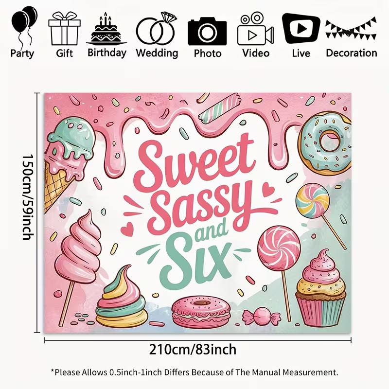 2D Pink Birthday Backdrop "Sweet Sassy and Six!" with Donuts, Cupcakes & Sprinkles Background