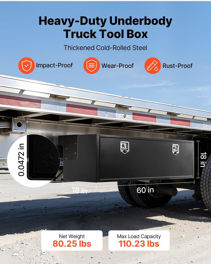 Underbody Truck Tool Box, 1524 x 457 x 457 mm Heavy Duty Steel Trailer Storage Box with Lock & Keys, Waterproof Trailer Storage Organizer Under Body