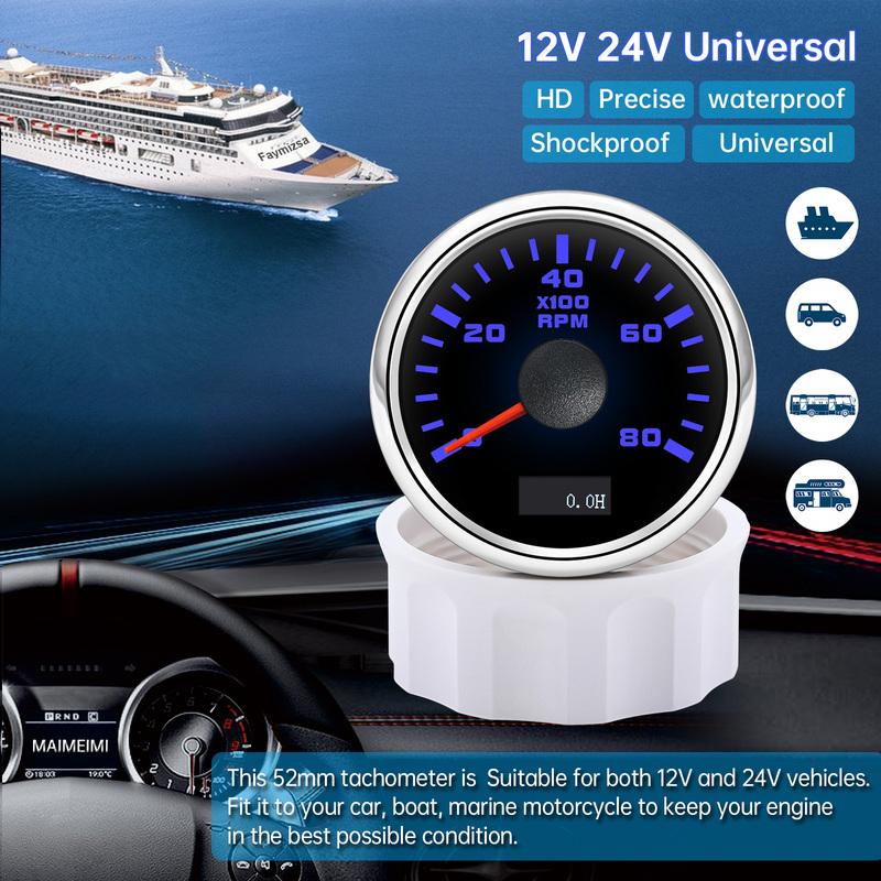 2" 52mm Tachometer 7 Color Light 3000,4000,6000,7000,8000 RPM Meter Hourmeter for Marine Boat Car 12V24V Waterproof IP67