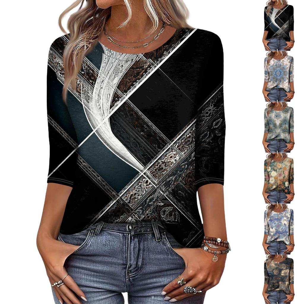 Trendy Vintage 3/4 Sleeve Top For Women,Ladies Casual Three Quarter Sleeve Round Collar Printed T-Shirt Blouse