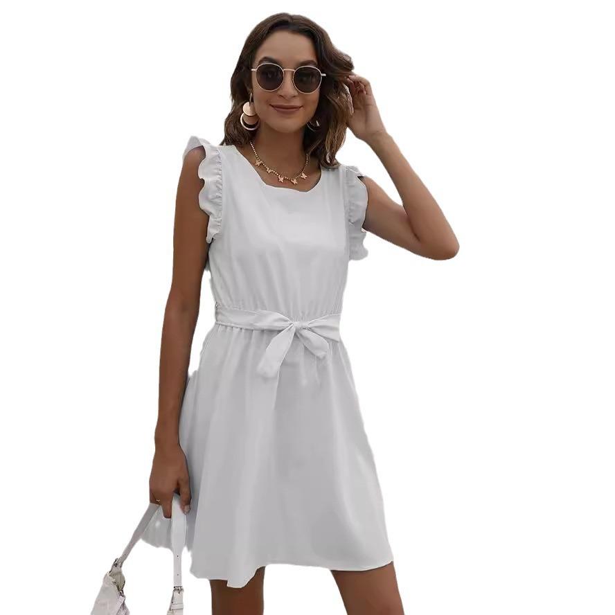 

Женское летнее однотонное платье с круглым вырезом и шнуровкой на талии 2XL