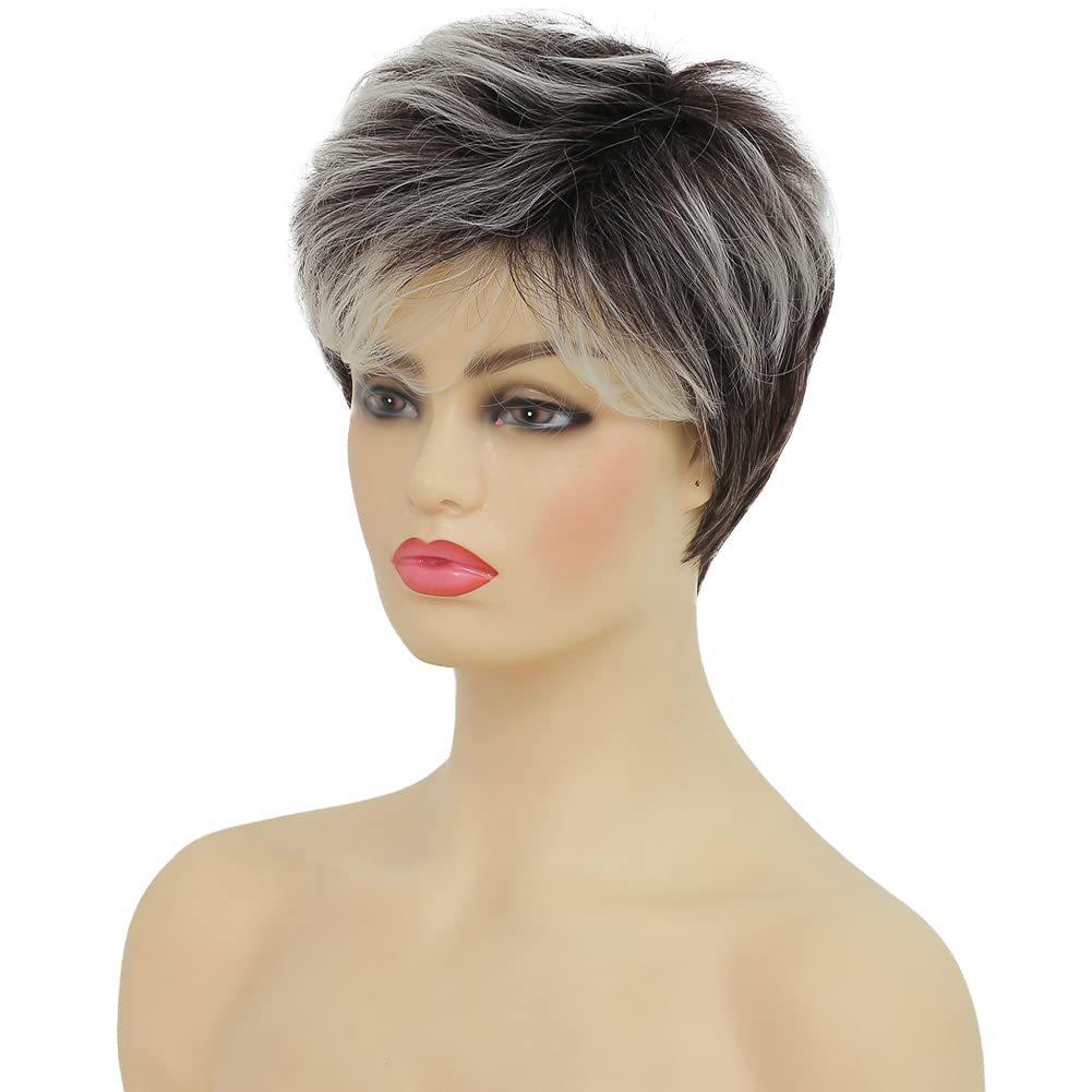 Women Short Natural Wave Wigs with Bangs Stylish Layered Black Gray White Hair for Daily Cosplay Use Heat Resistant Fibre