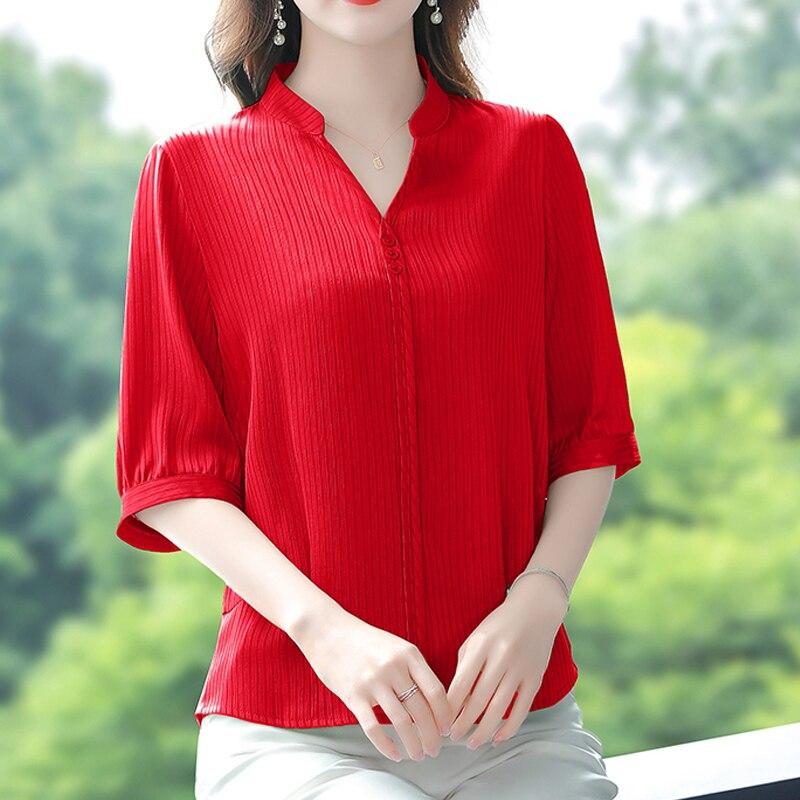 Simple Chiffon Blouse Women Office Lady V Neck Womens Shirts Short Sleeve Summer Tops Loose Female Clothing Blusas 24735