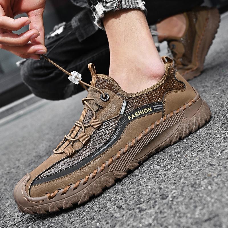 Summer 2024 Men's Genuine Leather Mesh Sports Casual Shoes, Breathable and Lightweight in Large Sizes
