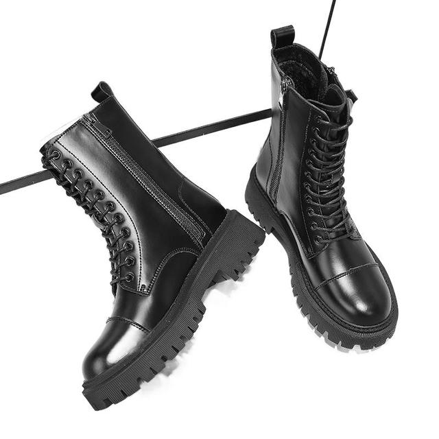 Svarta Martin-kängor Dam Ko Läderskor Platå Grova Kängor Snörning Ankelkängor Vinter Höst Dragkedjeskor