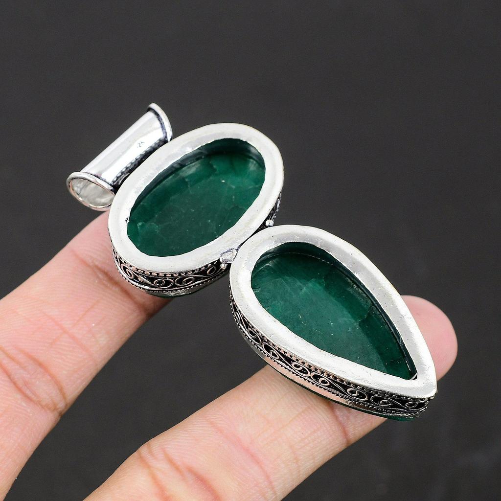 Colgante de plata de ley 925 hecho a mano con piedras preciosas de esmeralda, colgante de piedras preciosas de esmeralda doble, collar, regalos para mujeres