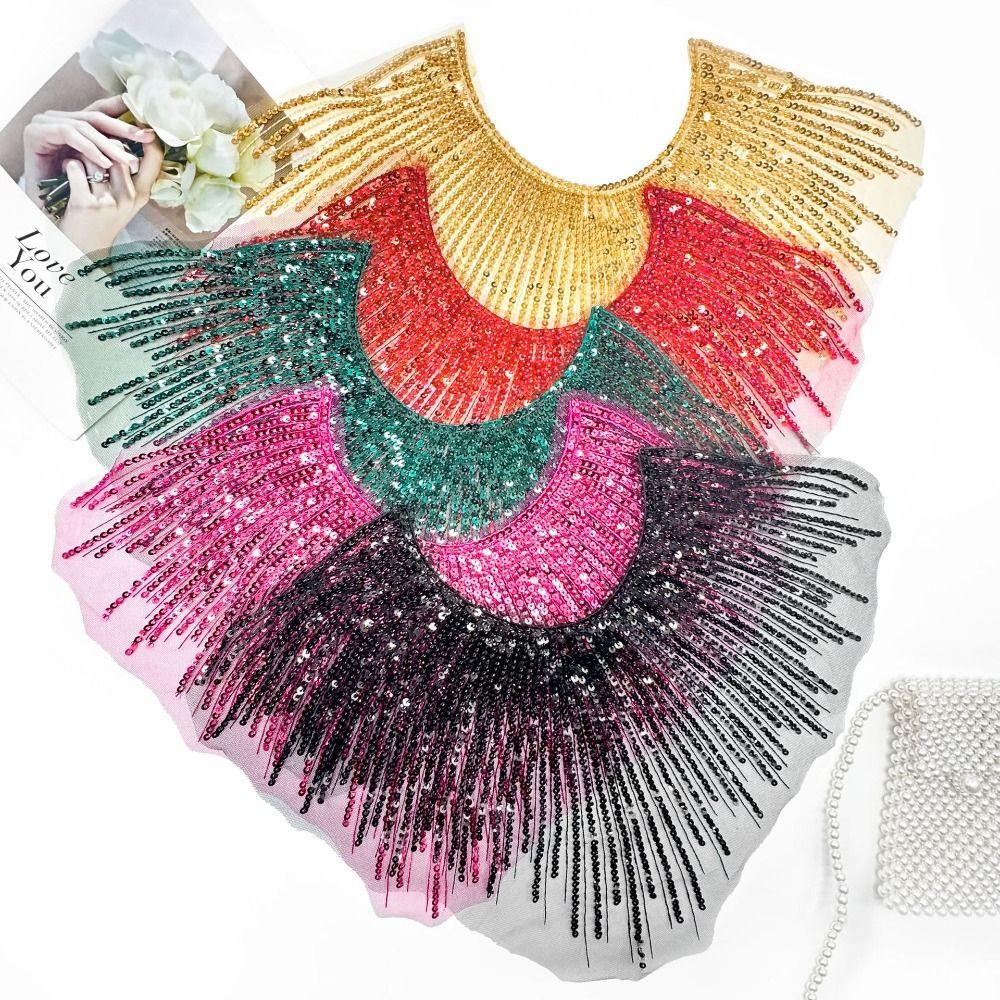 Glitzernde Pailletten Spitzenkragen Perlenbesetzte Applikation Ausschnitt Patch Aufnäher Spitzen-Ausschnitt Damenkleidung