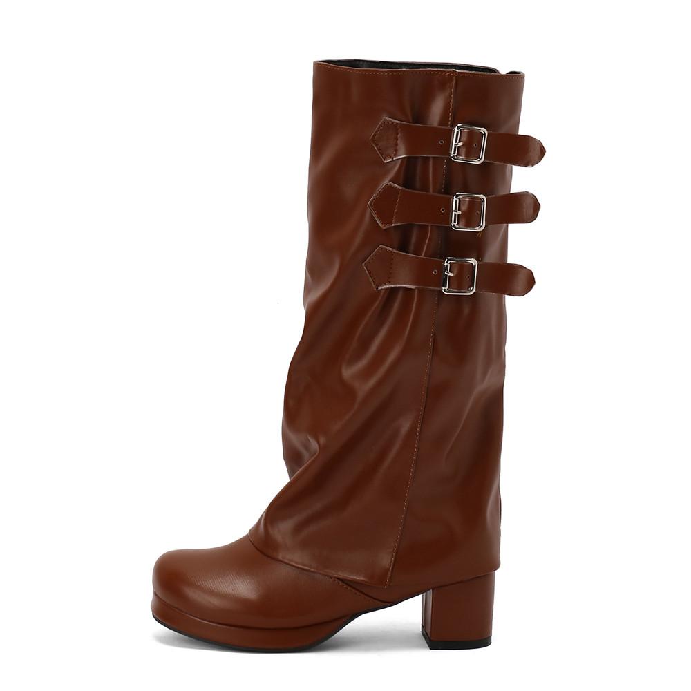 Fashion Women Thick Bottom Motorcycle Boots Women Knee High Boots Autumn Winter Women Gothic Punk Buckle Casual Boots Brown White Black