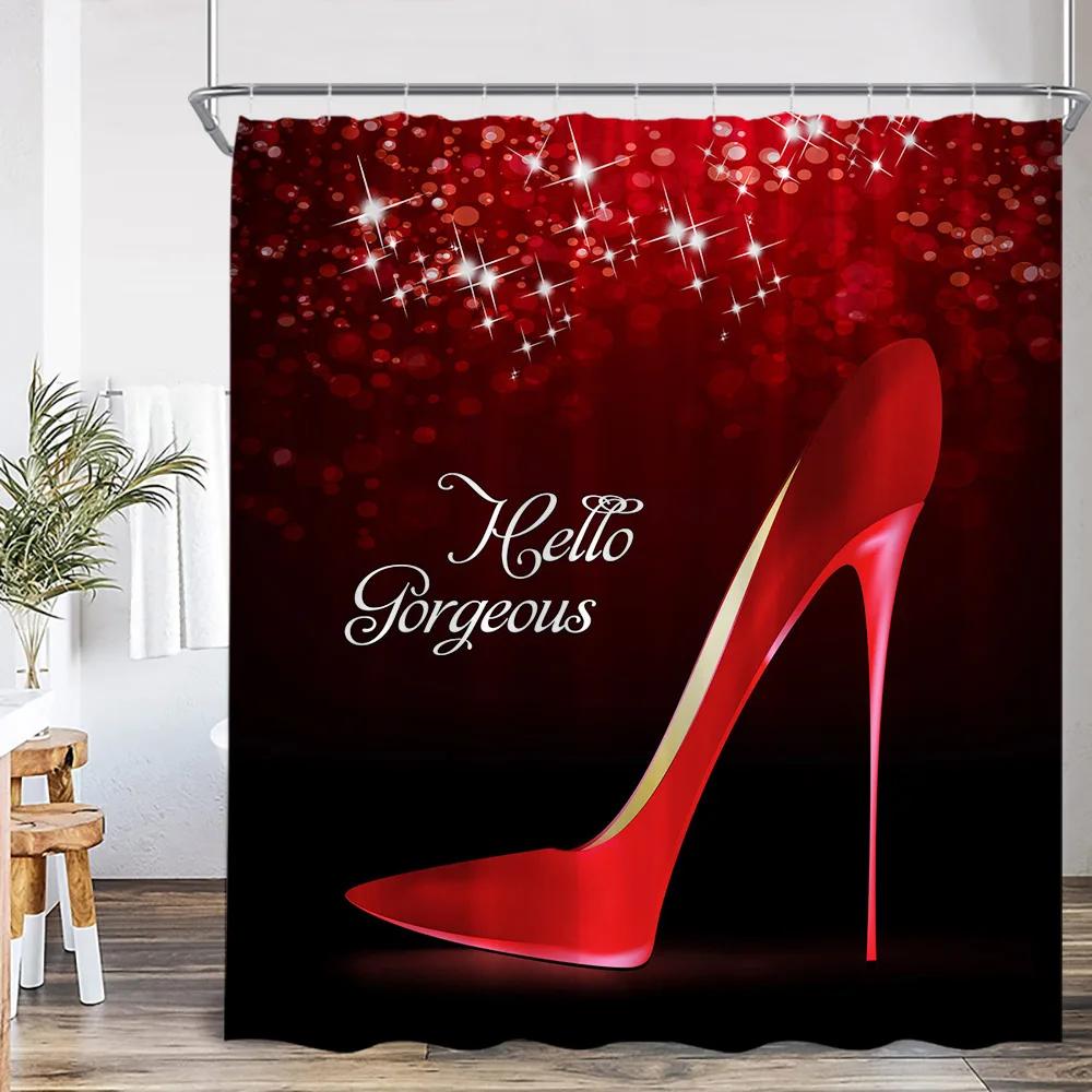 Rote High Heels Duschvorhänge Kosmetik Rote Lippen Rosa Badezimmerdekorationen Modernes Mode-Mädchen Schönheit Badevorhang mit Haken