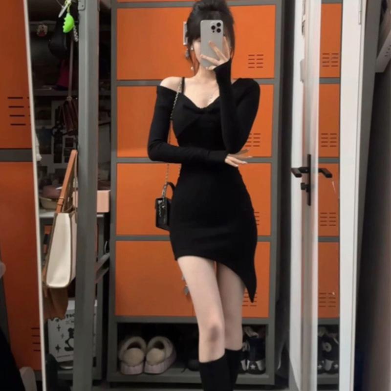 Spice girl black pure desire irregular long-sleeved dress new temperament waist short skirt slim and thin