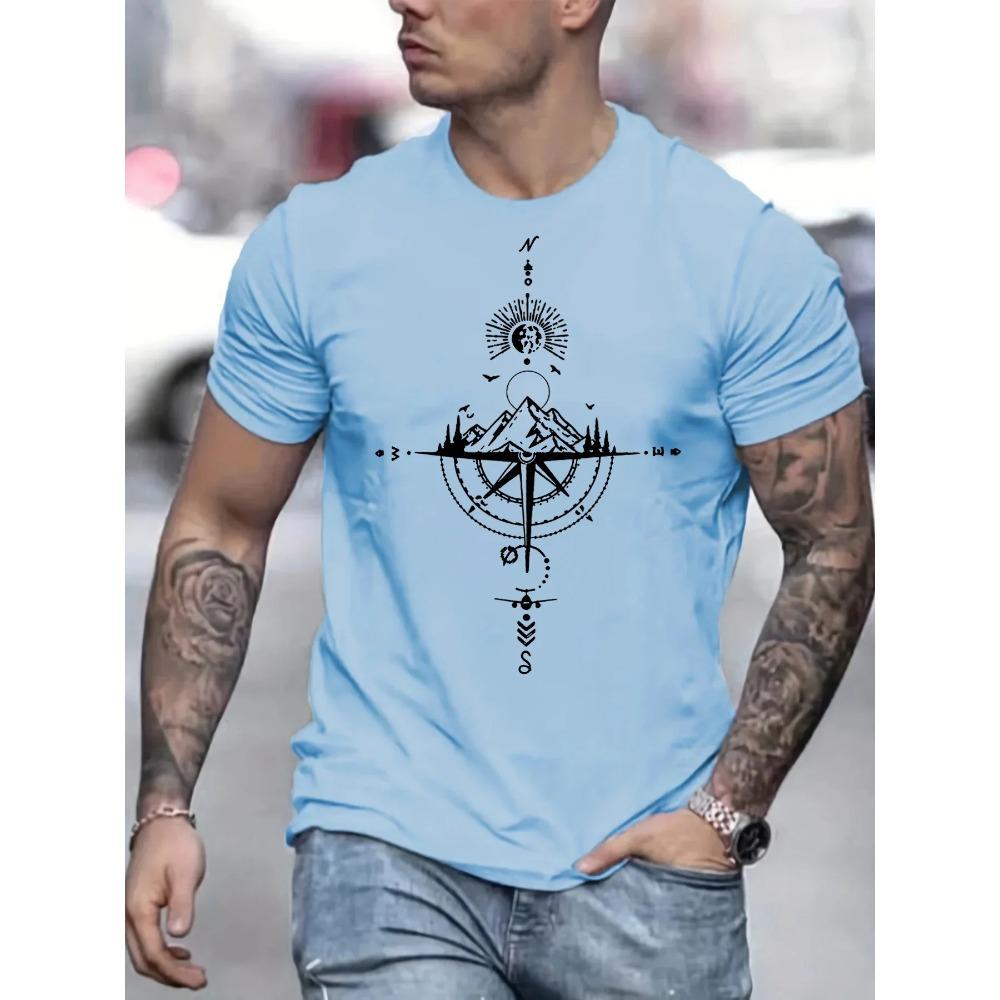 Men's summer 100 cotton fashionable casual sports loose mountain and compass pattern printed round neck short sleeved T-shirt