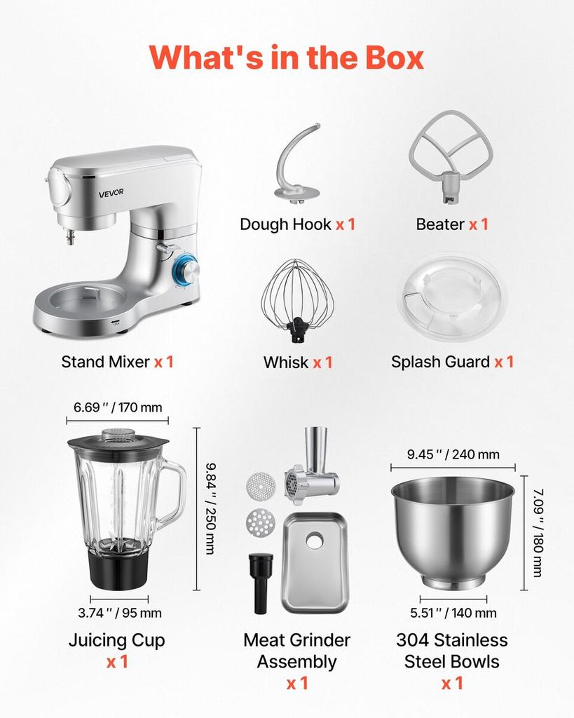 Küchenmaschine, 6 L Elektrische Küchenmaschine, 1500W Teigkneter, 6+P Geschwindigkeiten Kippkopf-Küchenmixer mit 1,5 L Mixbecher, Edelstahlschüssel, Knethaken,