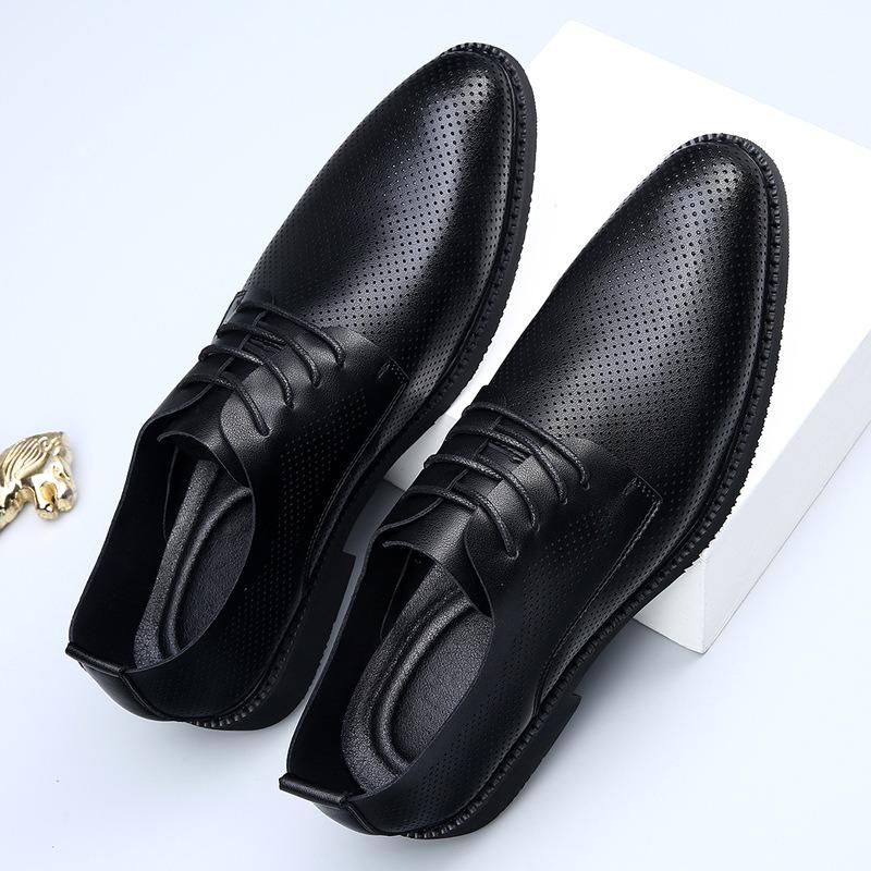 Hollow Men's Shoes Leather Breathable Business Leather Shoes Green Comfortable Spring and Summer Soft-faced Formal Leather Shoes Men's Groom