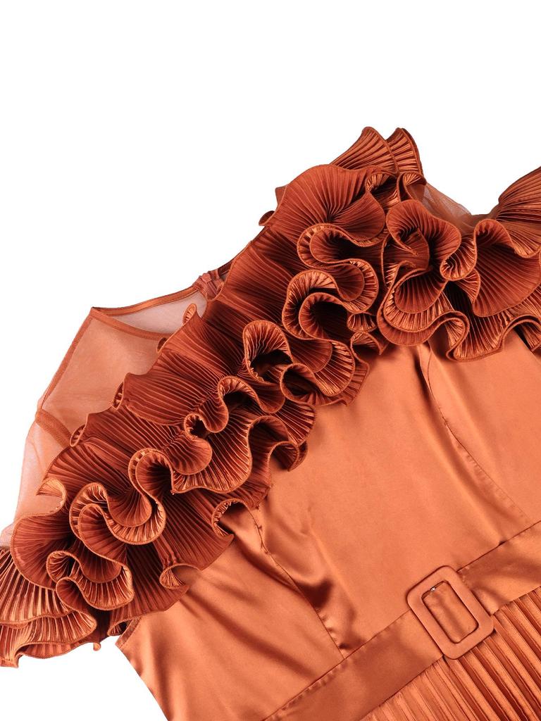 Plus Size Women's Ruffle Hem Mesh Patchwork Dress with Pleated Waist-Cinched Skirt - Elegant High-End Banquet Gown