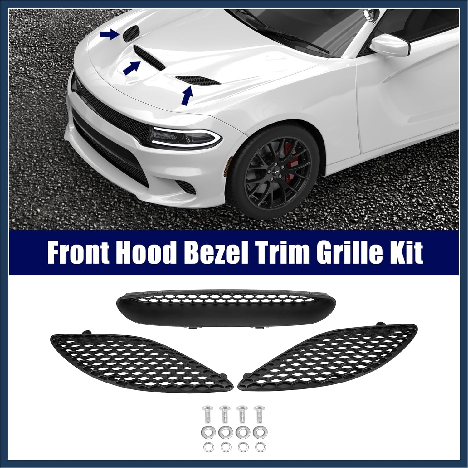 Front Hood Bezel Vent Trim Hood Scoop Grille Kit for Dodge Charger 2015-2020 Replacement for 68202462AD 68202581AC 68202580A Stylish Design