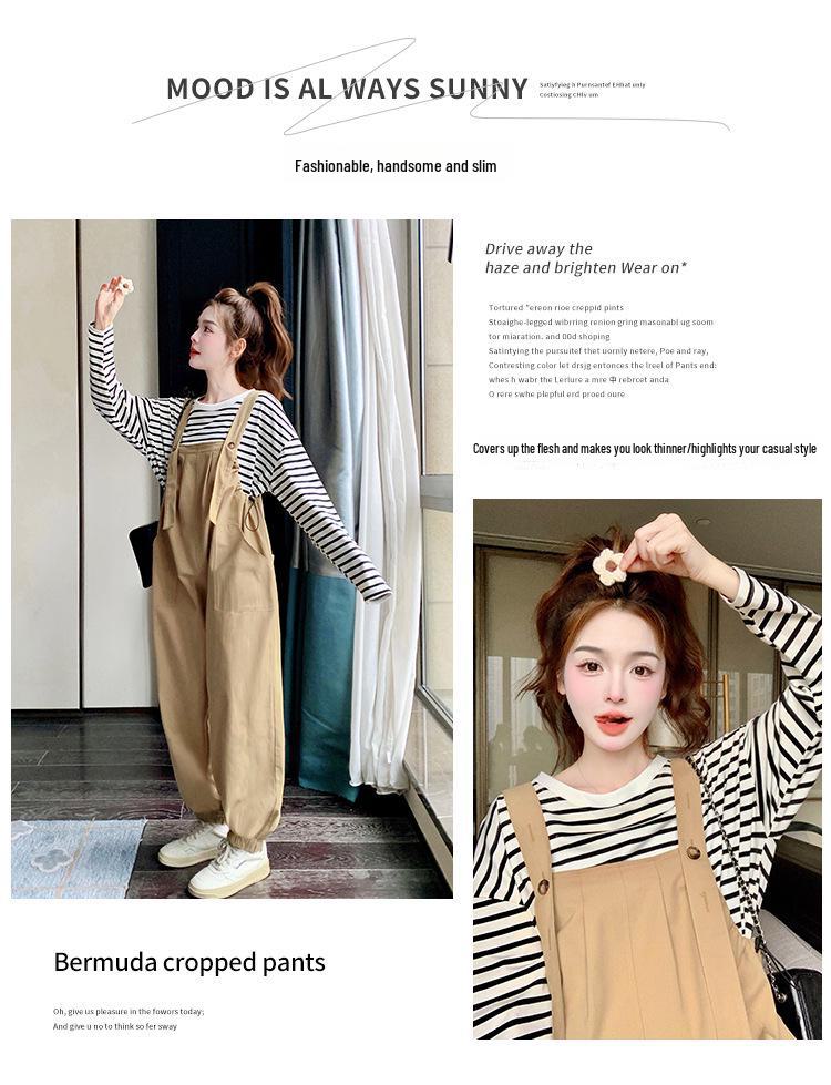 Khaki Women's Age-Defying Overalls and T-Shirt Set - Spring/Summer 2024 Korean Style