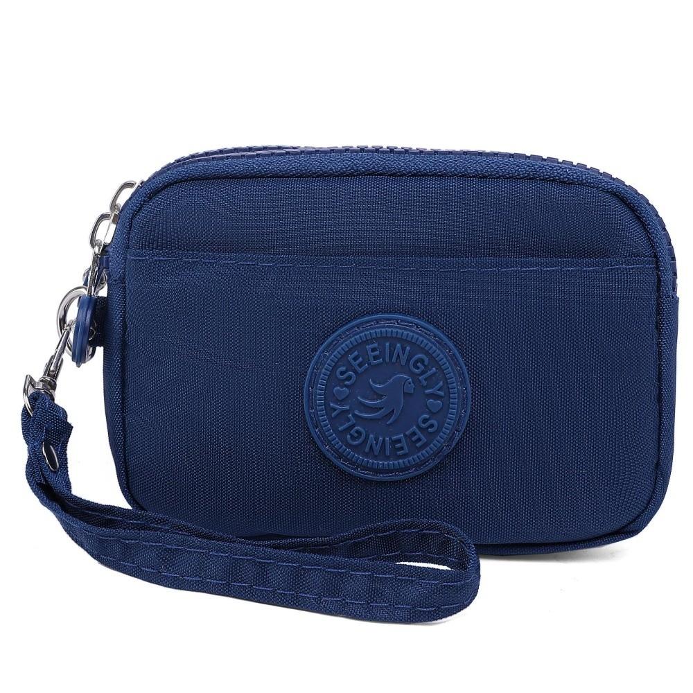 

Portable Solid Color Women Wallet with Lanyard Waterproof Credit Card Holder Double Layer Nylon Zipper Clutch Ladies темно-синього кольору