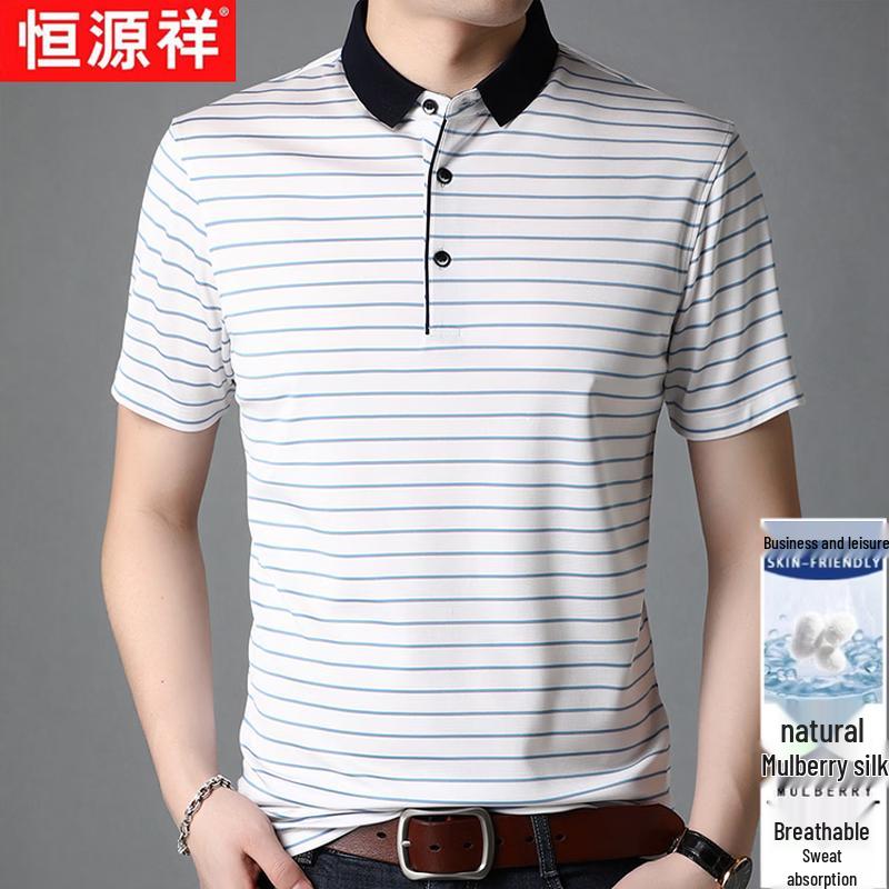 Hengyuanxiang Men s 100% Mulberry Silk Business Casual Striped Polo Shirt 2XL