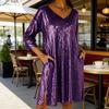 Women's Sequin Mini Dress Glitter 3/4 Sleeve V-Neck Dress Sparkly Cocktail Party Club Split Dress with Pockets