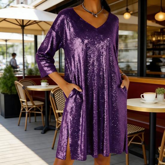 Women's Sequin Mini Dress Glitter 3/4 Sleeve V-Neck Dress Sparkly Cocktail Party Club Split Dress with Pockets