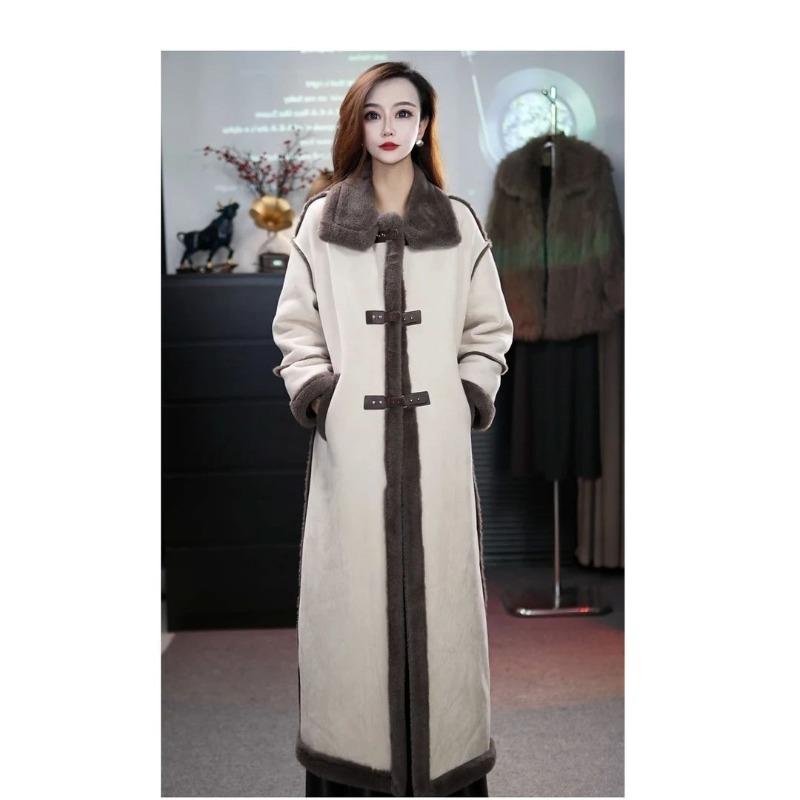 

Флисовая утолщенная куртка с лацканами и мехом, женская зимняя новинка, длиной до колена, с меховым верхом 2XL recommends 145-80kg бежевый