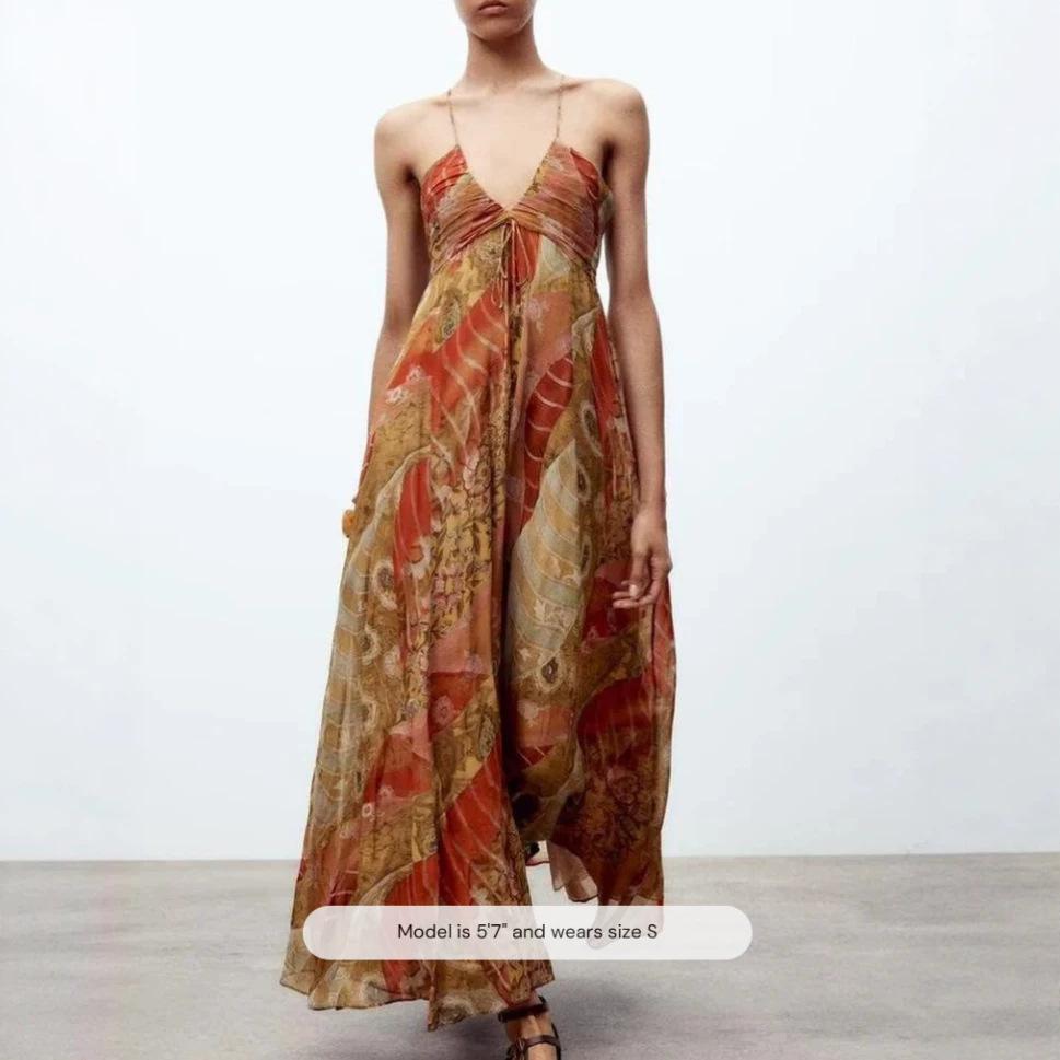 Women's V Neck Sleeveless Spaghetti Strap Midi Dress Slim Fit Mid Rise Sexy Bohemian Printed A Line Dress