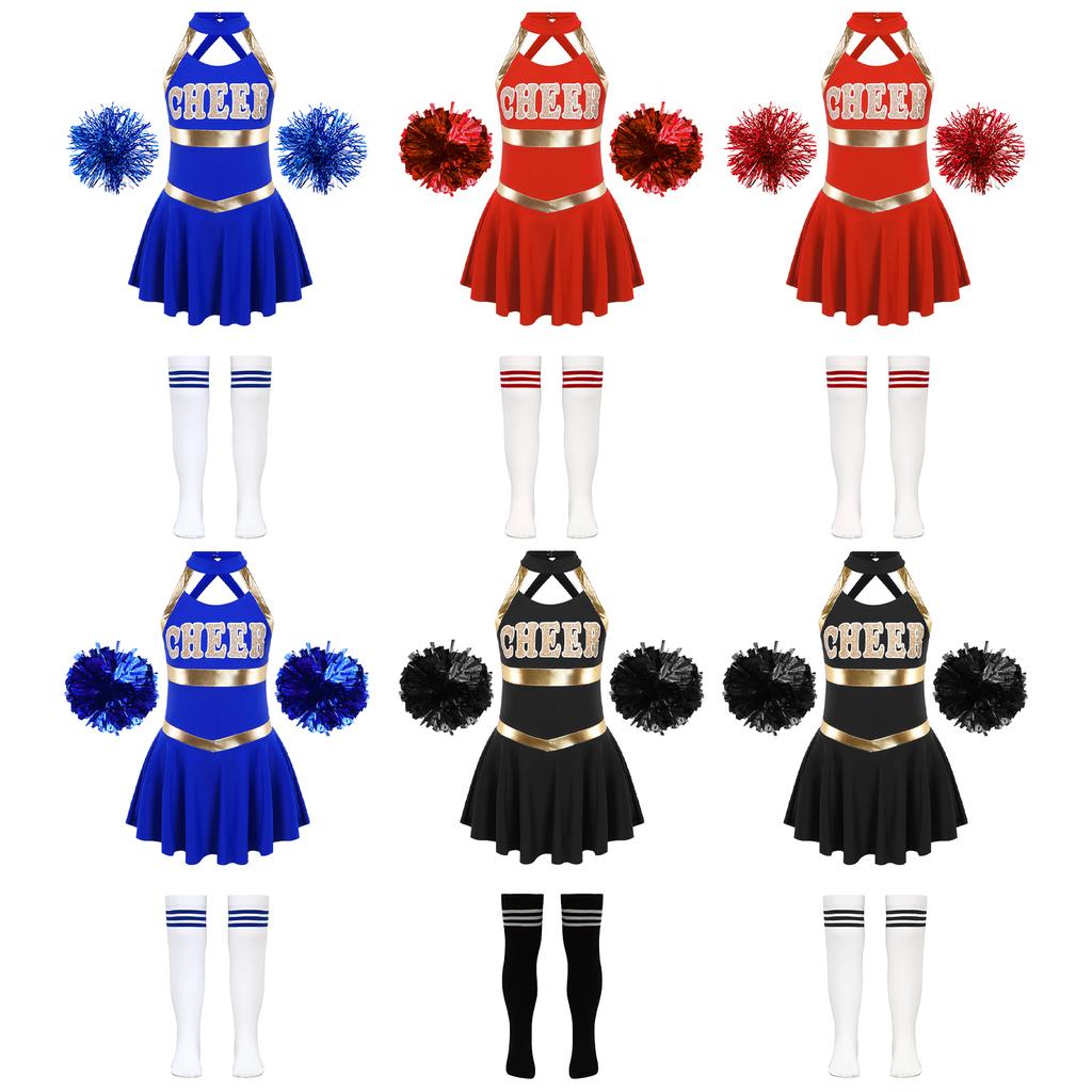 Girls Cheer Costume Sleeveless Crisscross Back Letter Print Patchwork Dress Pom Poms Striped Socks Set