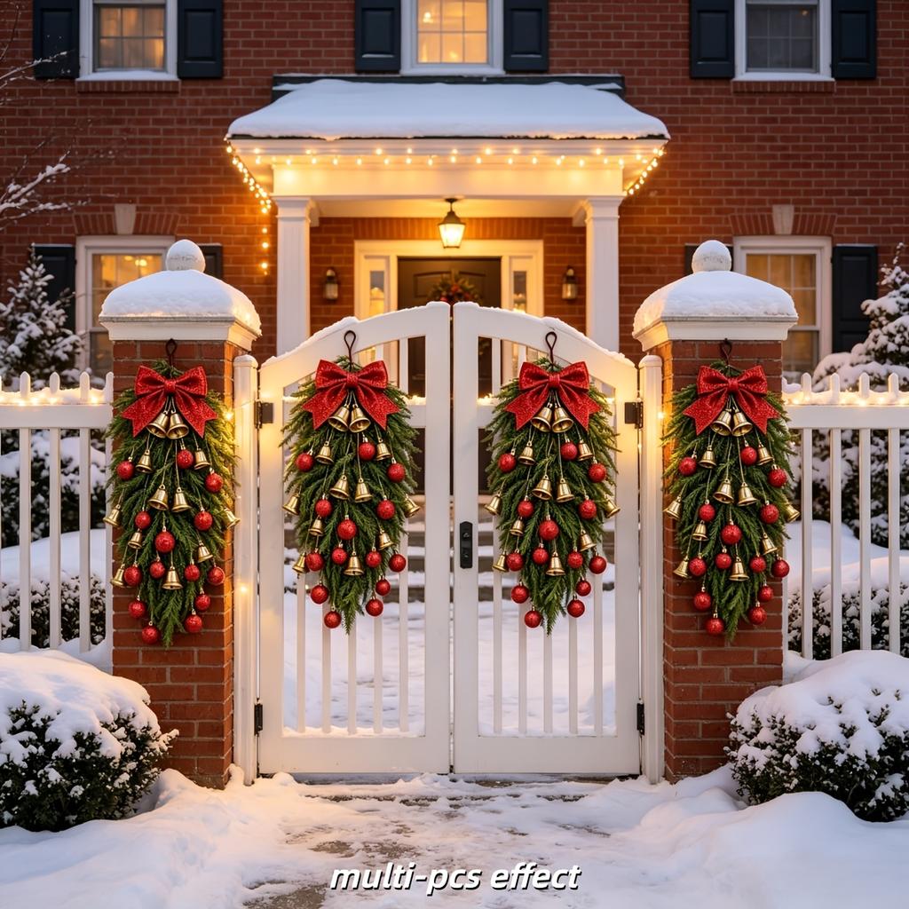 14Pcs Luxury Set - Christmas Artificial Norfolk Pine, Golden Bells, And Shiny Christmas Balls DIY Combination, Classic Red And Gold Color Scheme