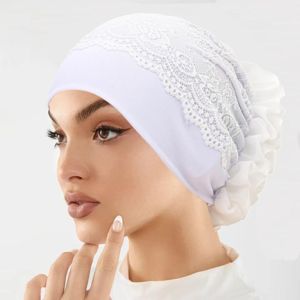 Women Elegant Lace Turban Hat Fashion Flower Decor Stretch Head Wrap Soft Beanie Cap