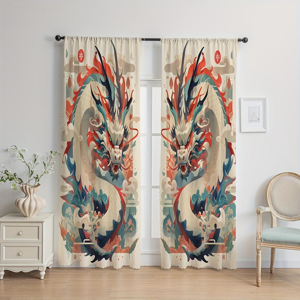 2pcs Year Dragon Festival Curtain Set - Vibrant Spring Design Modern Printed Perfect for Living Room Bedroom Kitchen Home Decor