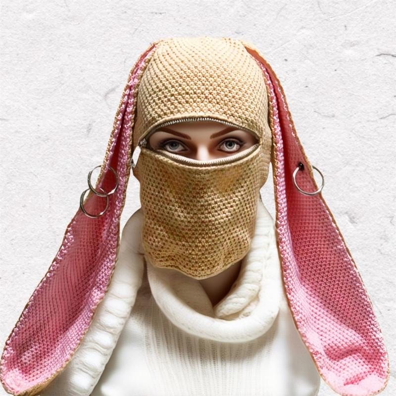Knitted Hooded Face Mask Hat Adult Lovely Balaclava Hat with Long Rabbit Ears Teens Winter Warm Hat for Daily Use