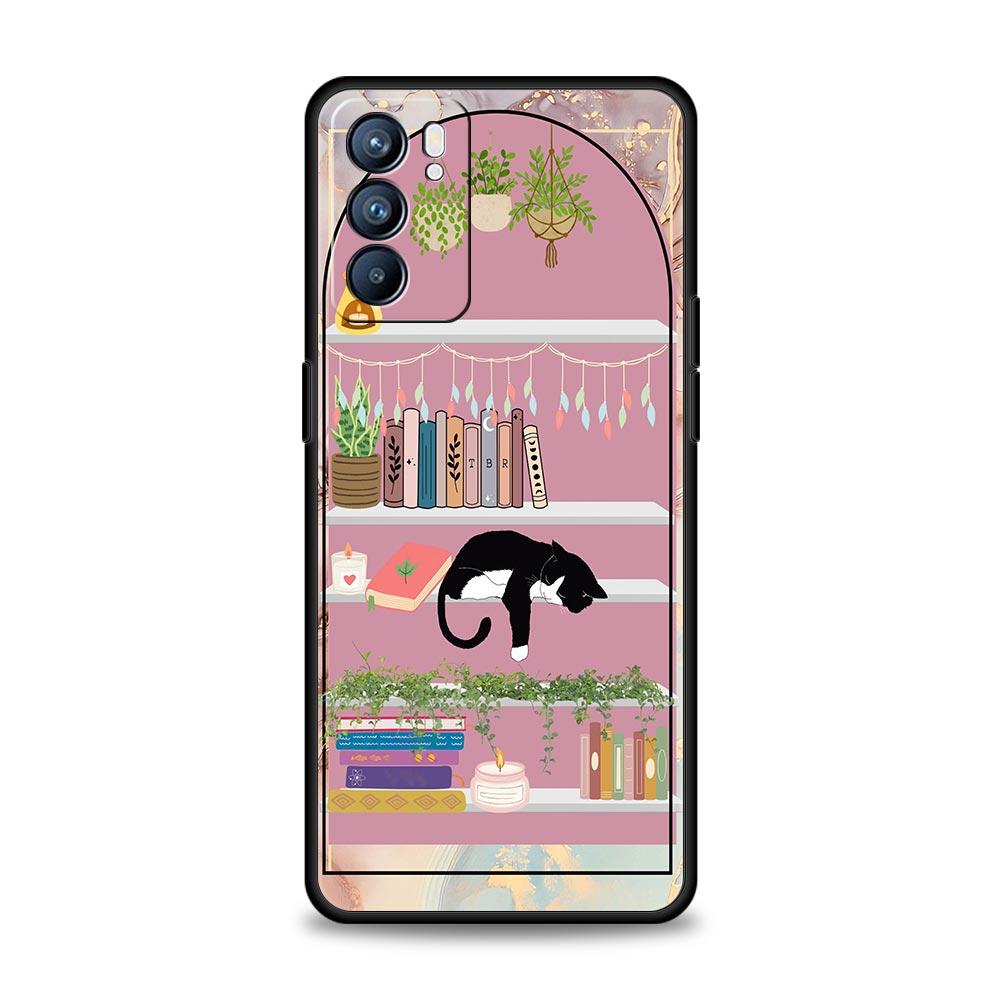 Handyhülle für Oppo A17 A31 A54 A57 A78 A79 Find X5 X6 Reno 7 8 10 11 12 13 F Pro Weiches TPU Niedliches Schmetterling Katze Bücherregal Design