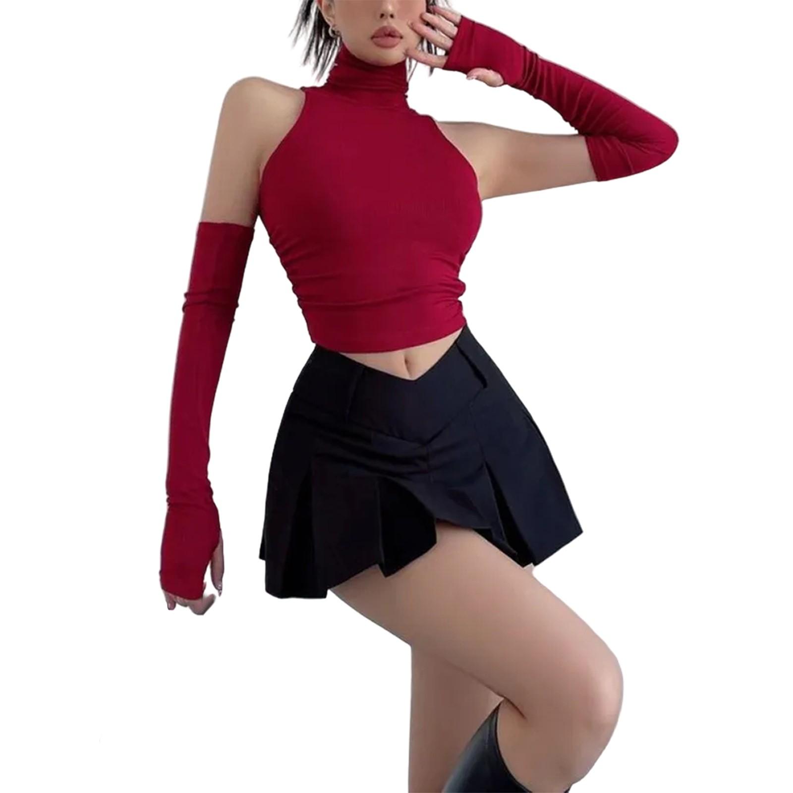 

Женская водолазка без рукавов, короткий плиссированный топ с рукавами S красный