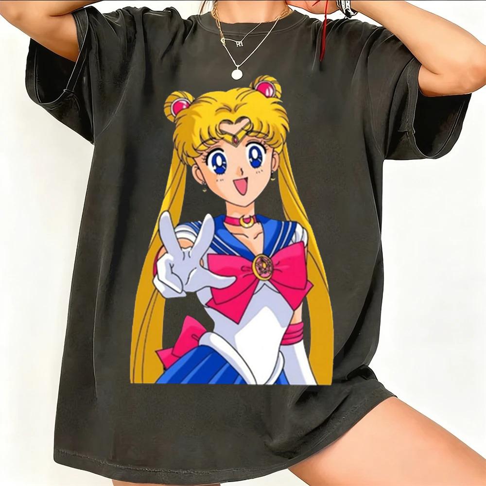 Sailor Moon Retro 90er Anime Grafik T-Shirt Sommer Baumwolle Unisex Damen Tee Streetwear Lässig Trend Kurzarm Paar Hip Hop Oberteil