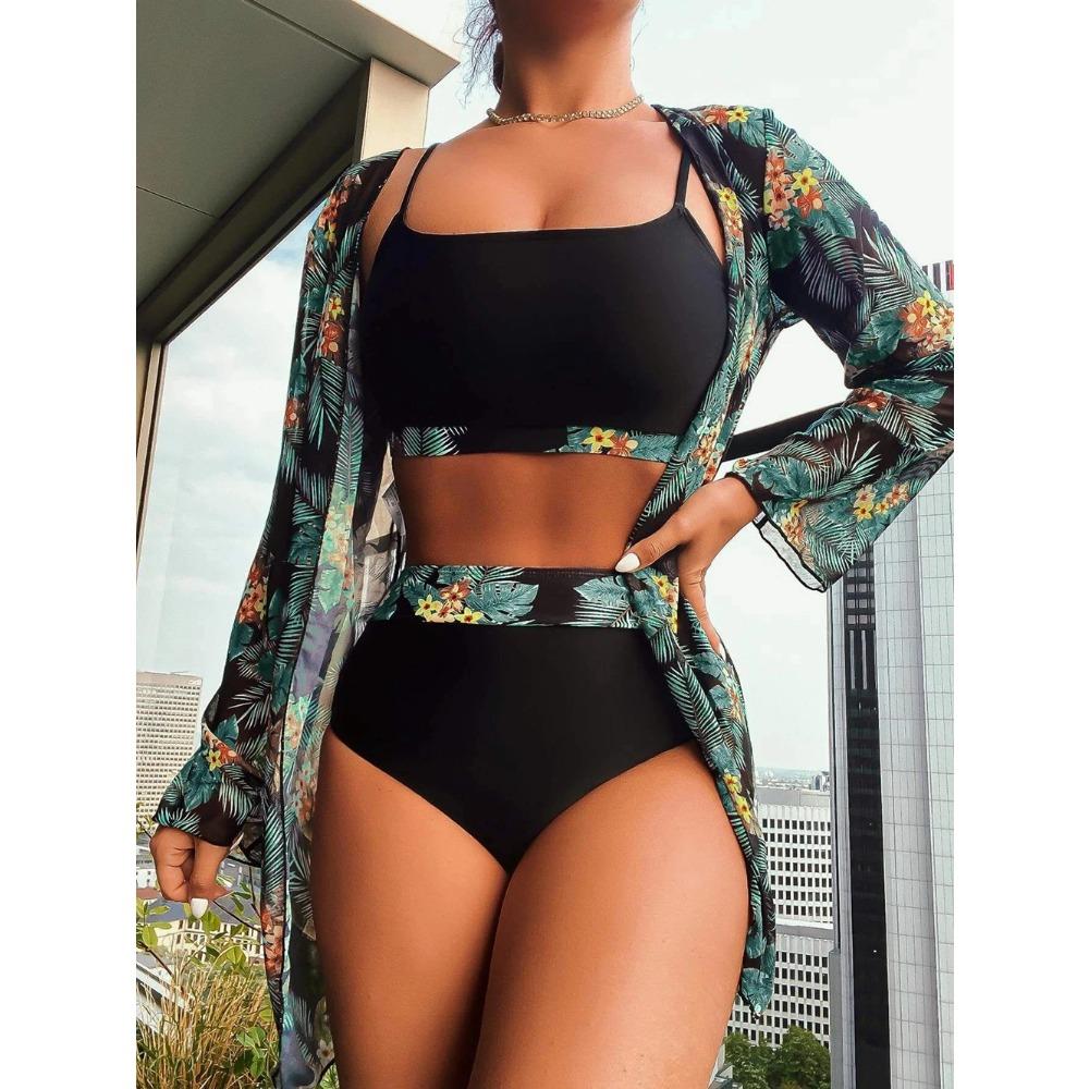 Women Bikini 3 Pieces Suit Black/Green/Red Bikini Sets with Long Sleeved Cover Ups High Quality Size Small-XXLarge