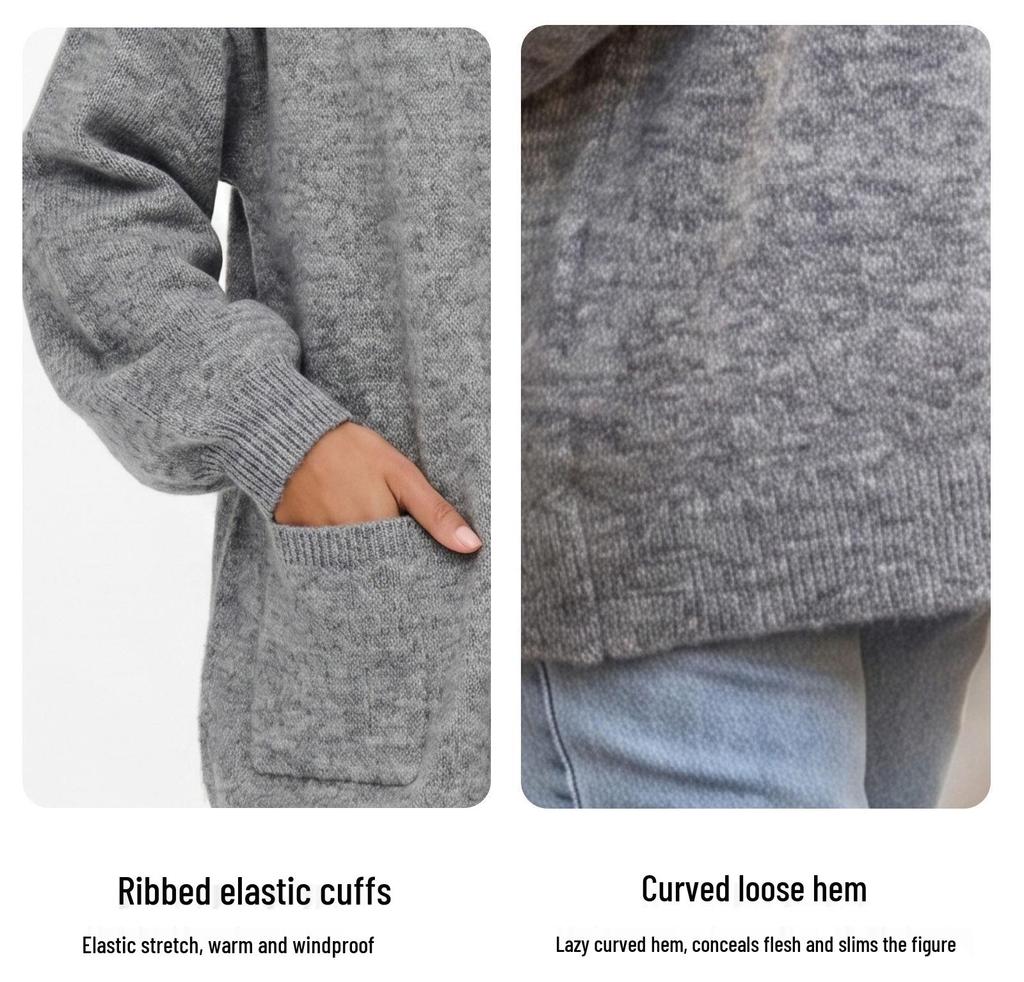 Women's Gray Knit Cardigan - Loose Fit, Long Sleeve, Solid Color, Versatile Winter Sweater