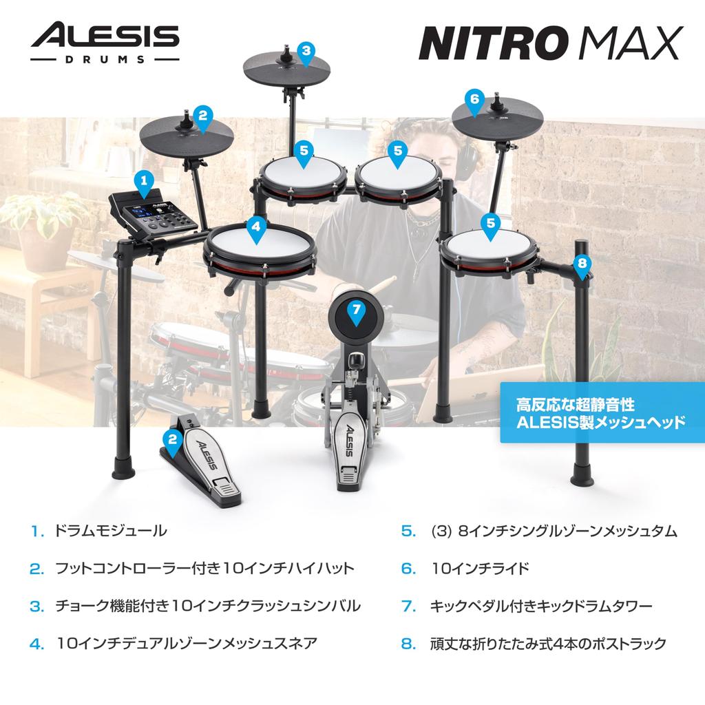 Alesis Electronic Drum Set Quiet Mesh Pad Foldable Snare Bluetooth USB MIDI Sounds Drumsticks Practice Drumeo Lessons with Kick Pedal Alesis Nitro Max