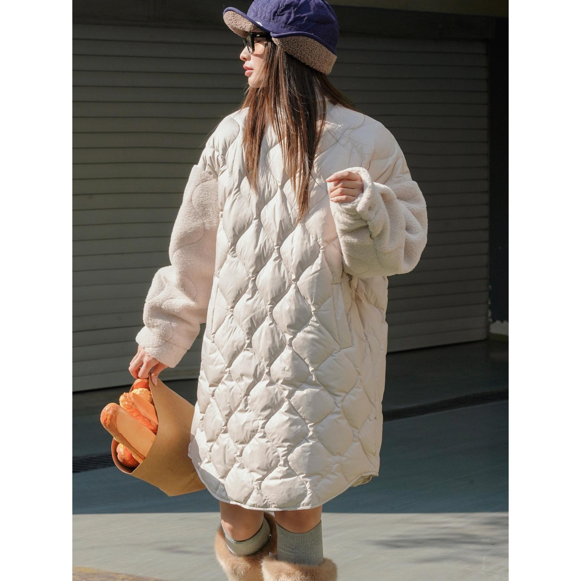 

New Japanese splicing fleece down jacket 90 duck down loose comfortable warm medium and long coat women S хакі