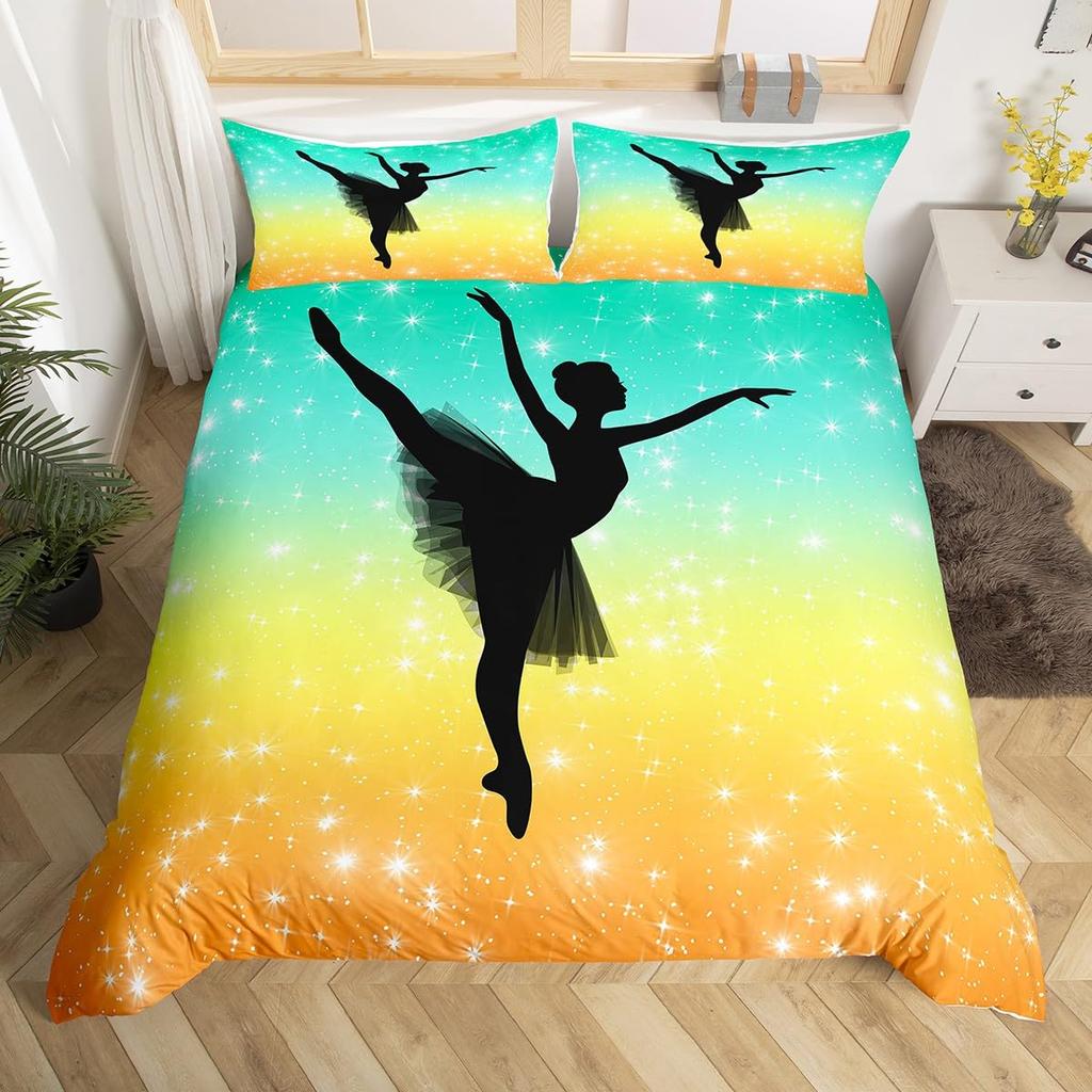 Rainbow Bedding Set for Girls Ballet Duvet Cover Dancing Ballerina Silhouette Comforter Cover Twin Tie Dye Starry Sky Bed Cover