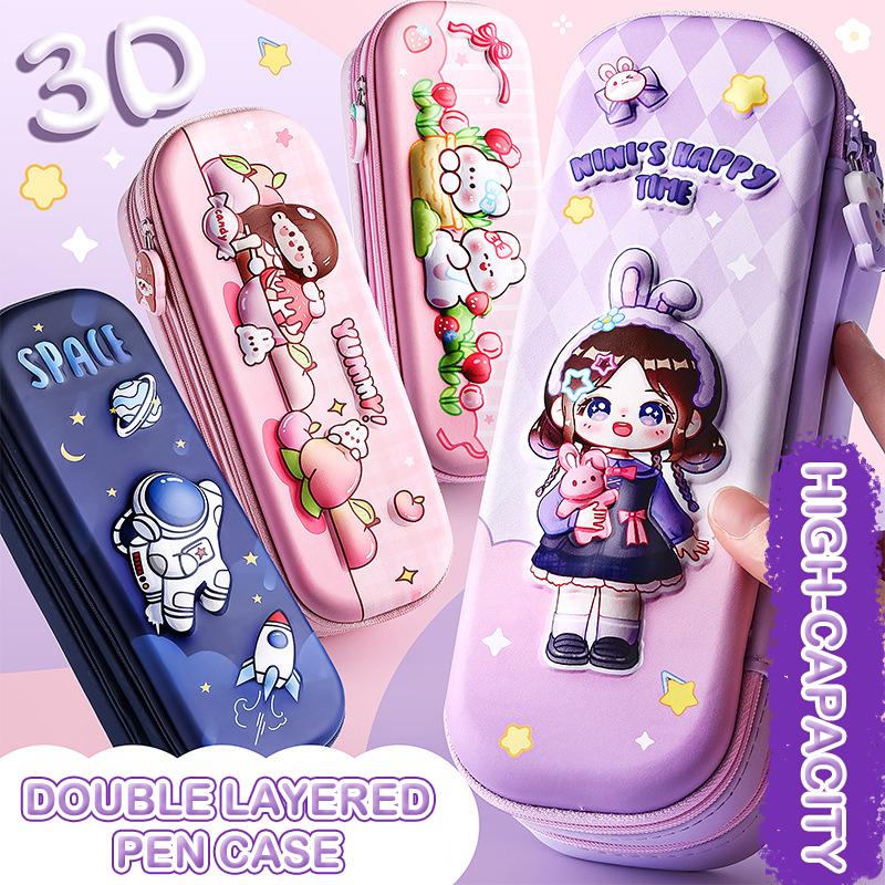 3D Astronaut Pencil Case Boys Stationery New Popular Student Double-Layer Large Capacity Waterproof Pink Rabbit